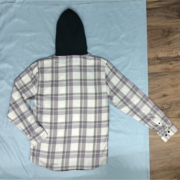 NoBo Mens Small Button Up Flannel Hooded Shacket Shirt Plaid 34-36 Off White Sm - Picture 2 of 16